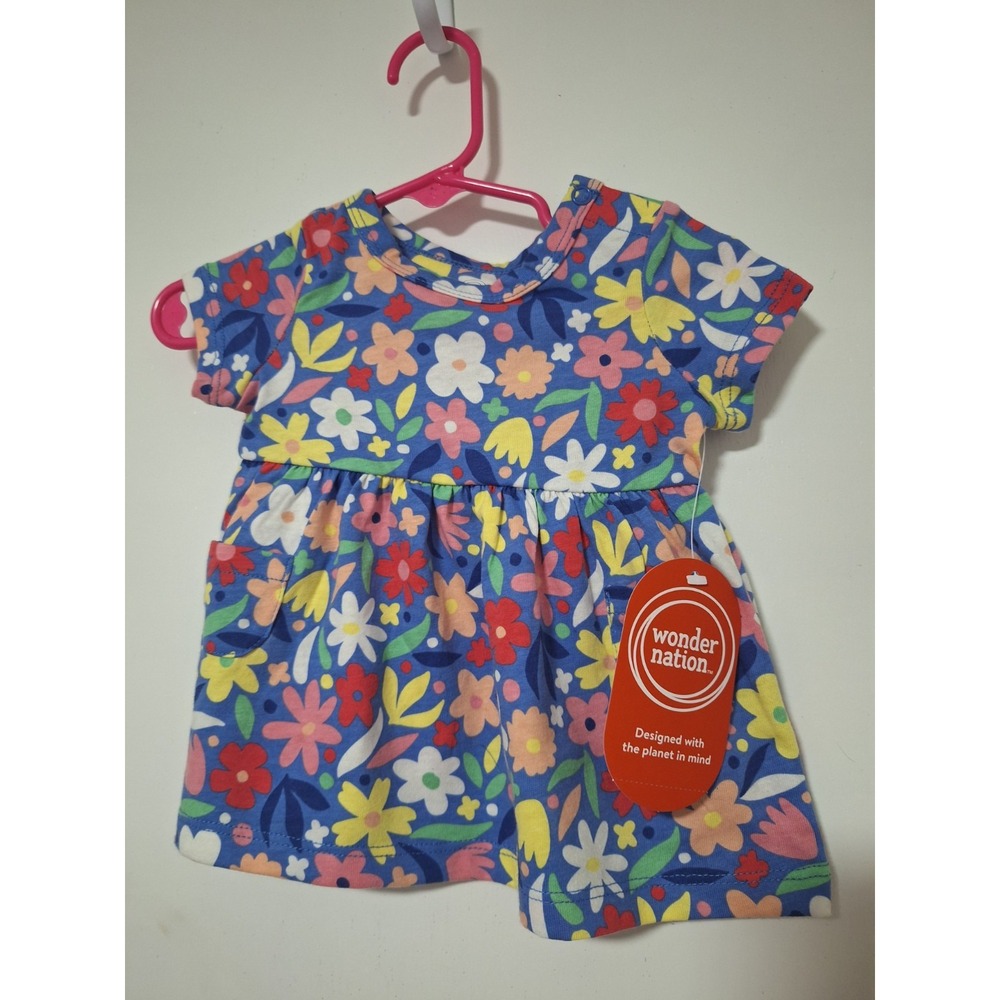 Wonder Nation Baby Girls Dress Size 0-3M NWT Short Sleeve Blue Floral Pocket